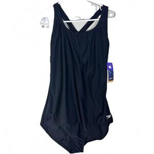 Speedo one-piece Racer Back swimsuit black Shelf Bra Minimalist Sport Sz 14 NWT